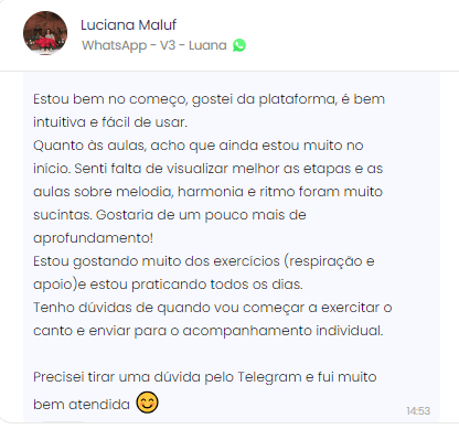 Mensagem de aluno do Soltando a Voz em 30 Dias